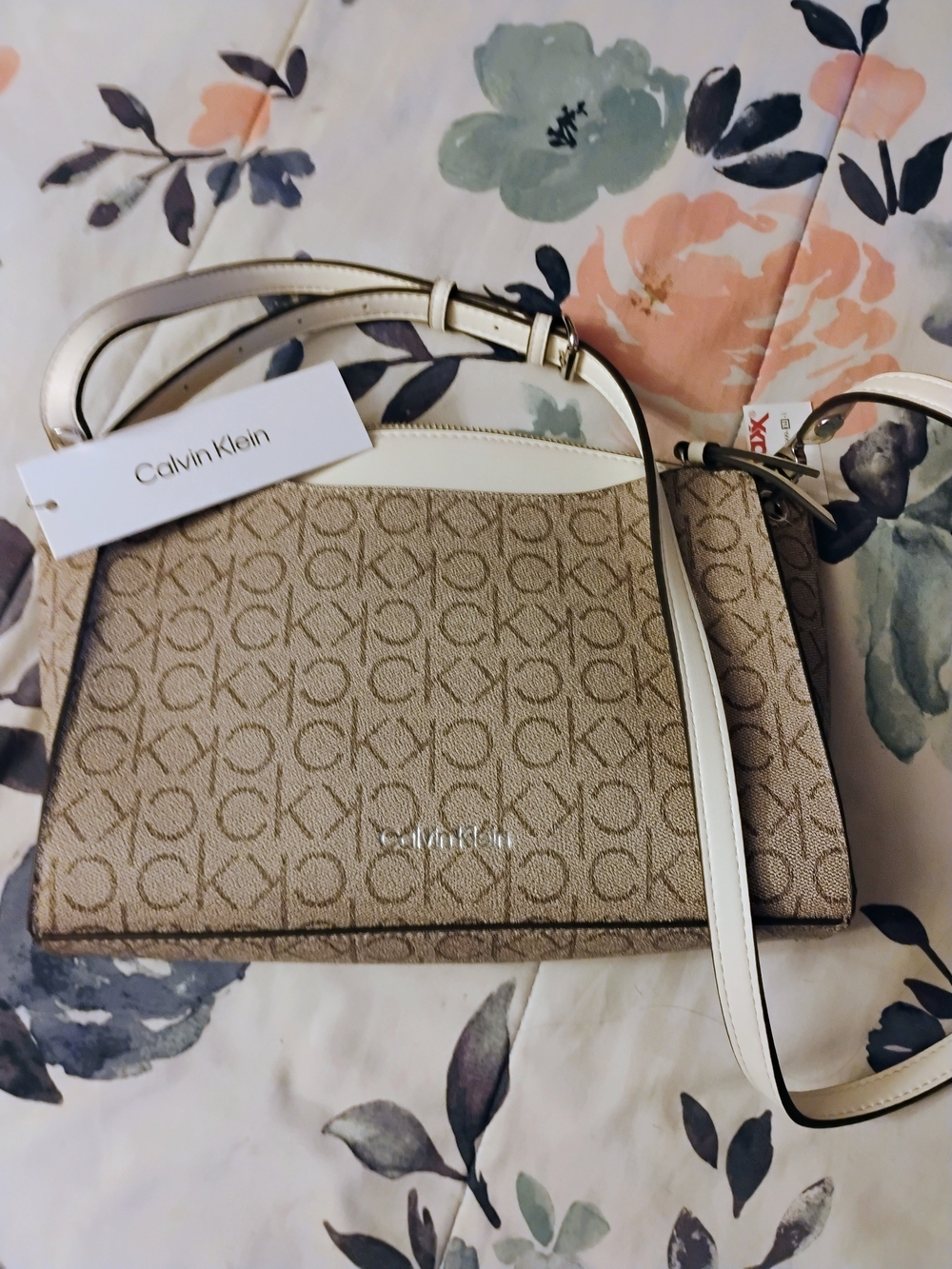 Calvin Klein Beige Logo Jacquard Crossbody Bag with Cream Trim